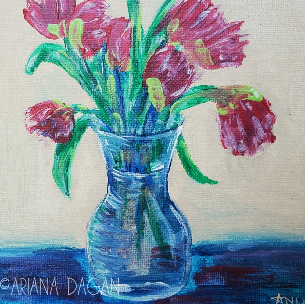 Original OOAK red amaryllis painting 6"x6" on canvas board